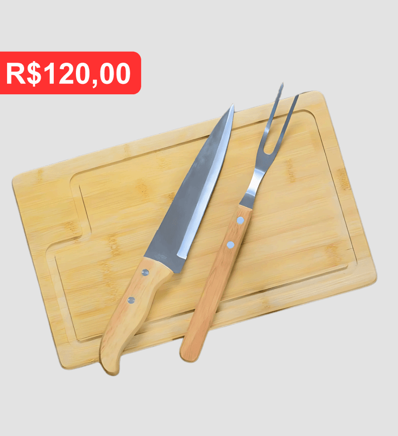 Kit 3 Peças – Tábua Bambu, Garfo e Faca SB - Brinde personalizado da MV Personalizados