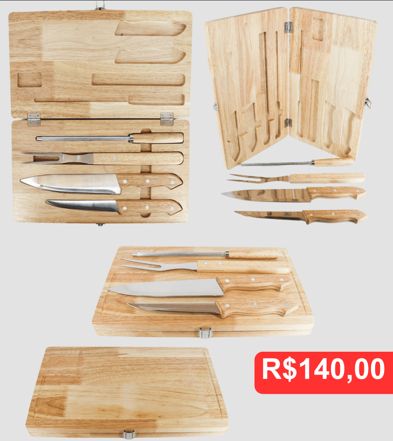 Kit 4 Peças – 2 Facas (6” e 8”), Garfo, Chaira e Tábua de Bambu - Brinde personalizado da MV Personalizados