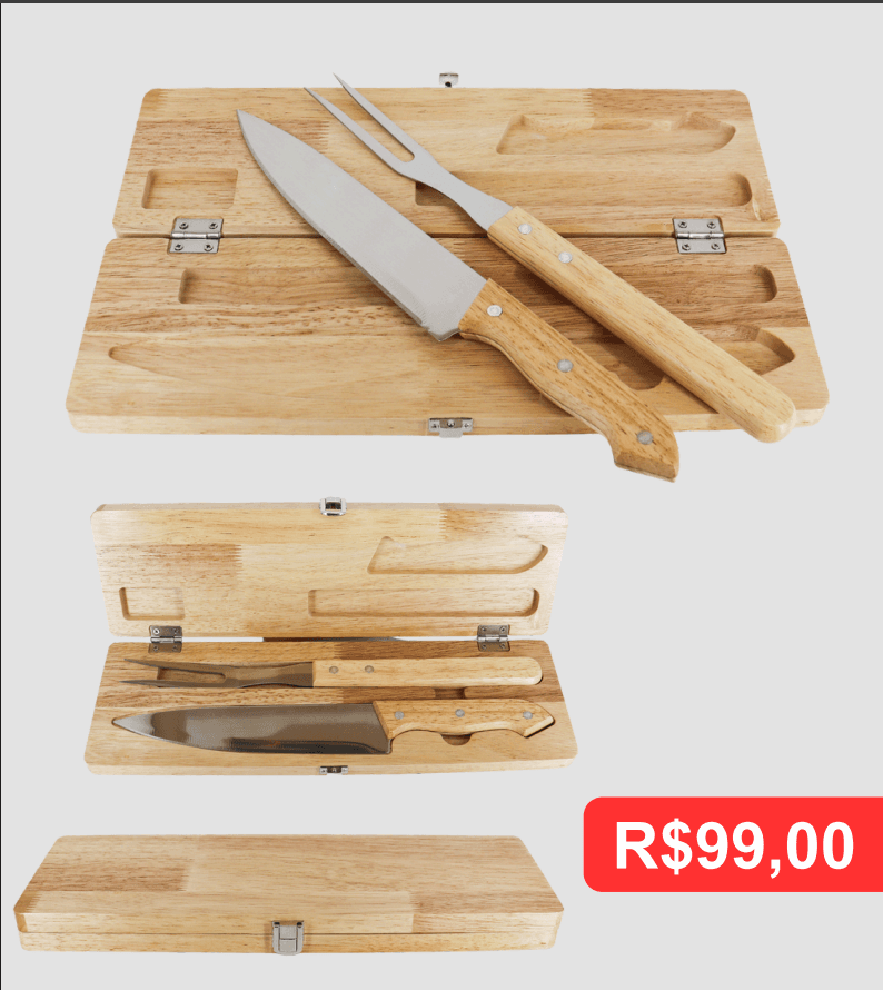 Kit Churrasco 2 Peças – Faca 8”, Garfo e Caixa de Bambu - Brinde personalizado da MV Personalizados
