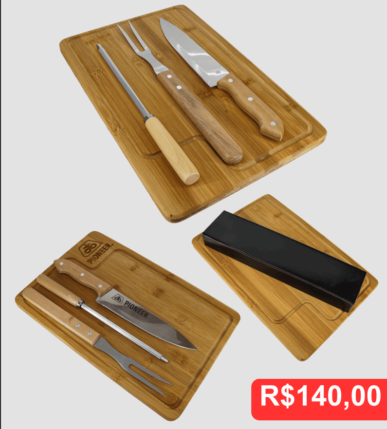 Kit Churrasco 4 Peças – Tábua Bambu, Faca, Garfo e Afiador - Brinde personalizado da MV Personalizados