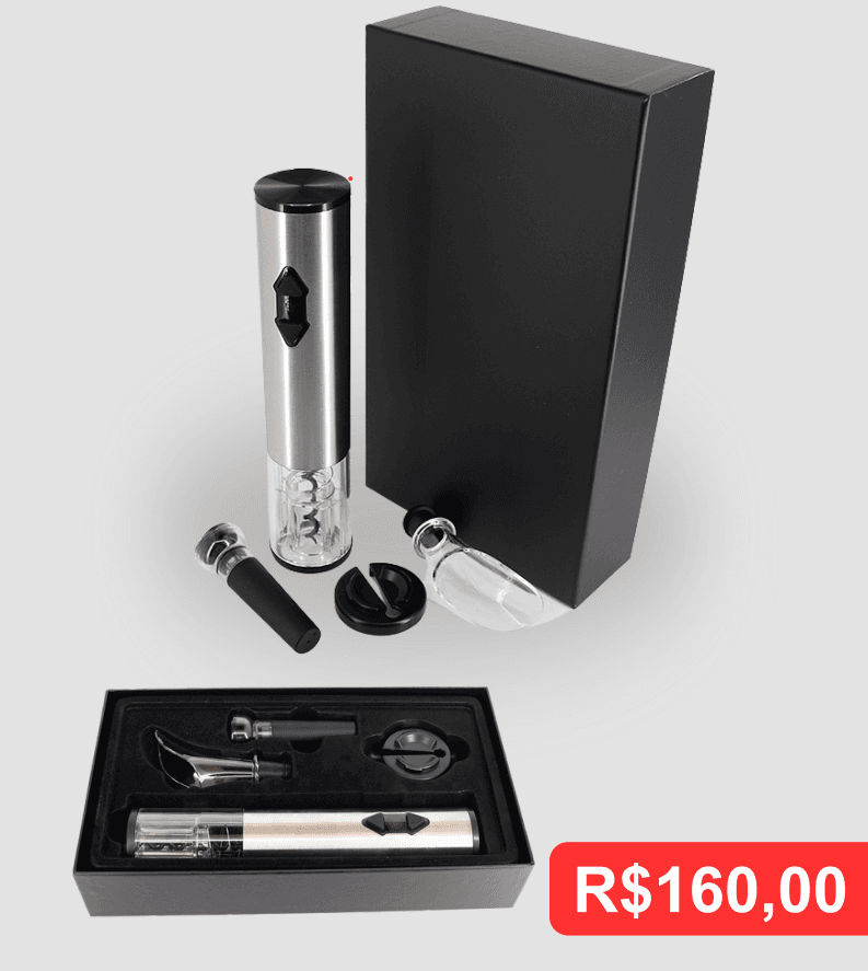 Kit Abridor de Vinho Automático Elétrico – 4 Peças - Brinde personalizado da MV Personalizados