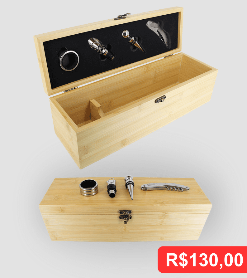 Conjunto para Vinho – Caixa de Bambu - Brinde personalizado da MV Personalizados