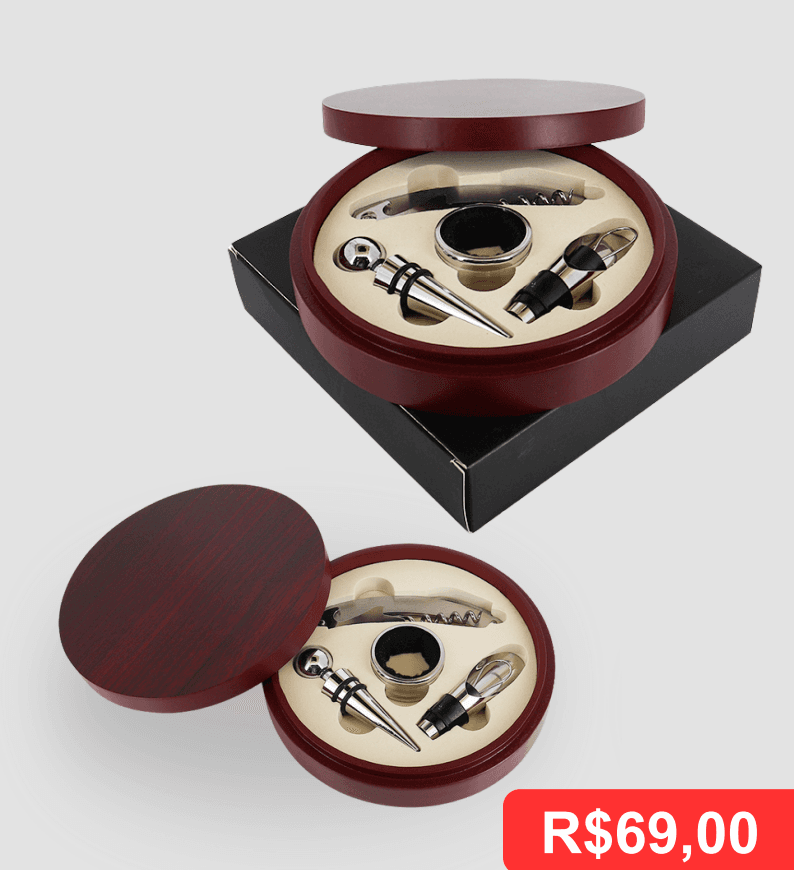 Conjunto para Vinho – Caixa de Madeira - Brinde personalizado da MV Personalizados