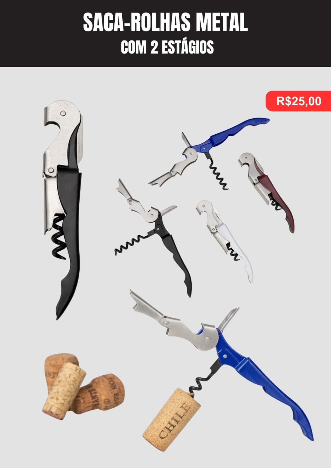 Saca-rolhas Metal com 2 Estágios - Brinde personalizado da MV Personalizados